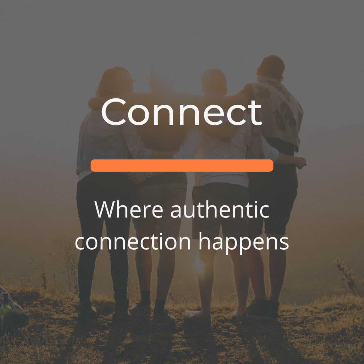 Group of men standing together at sunset with arms around each other — button linking to Get Connected page to join the Dudes & Dads WhatsApp group.