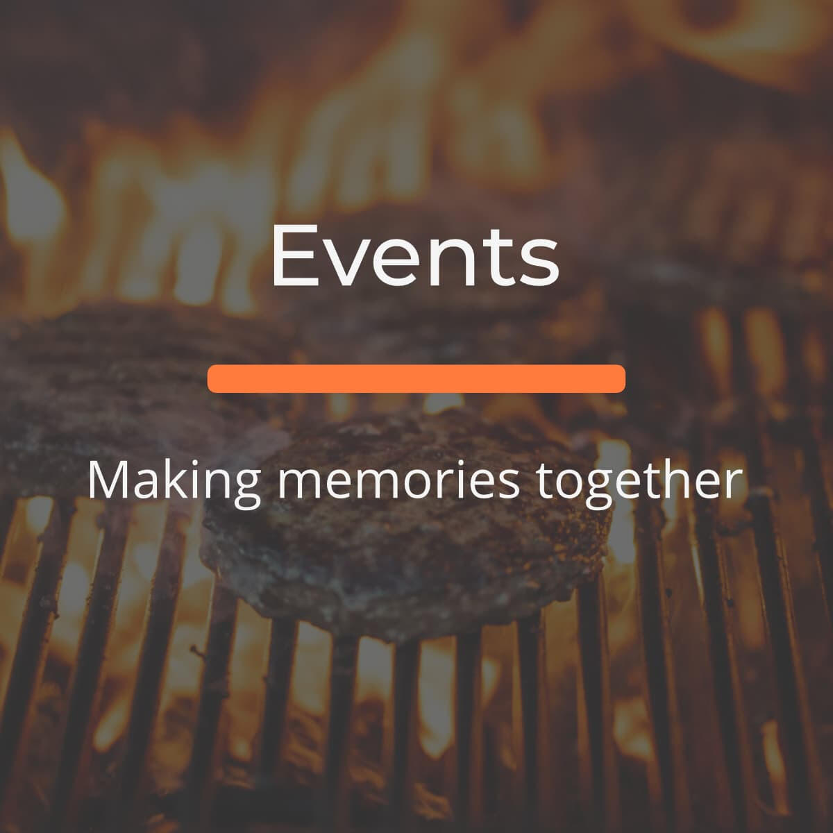 Close-up of burgers cooking on a grill — button linking to Upcoming Events page with info on Dudes & Dads meetups and activities.